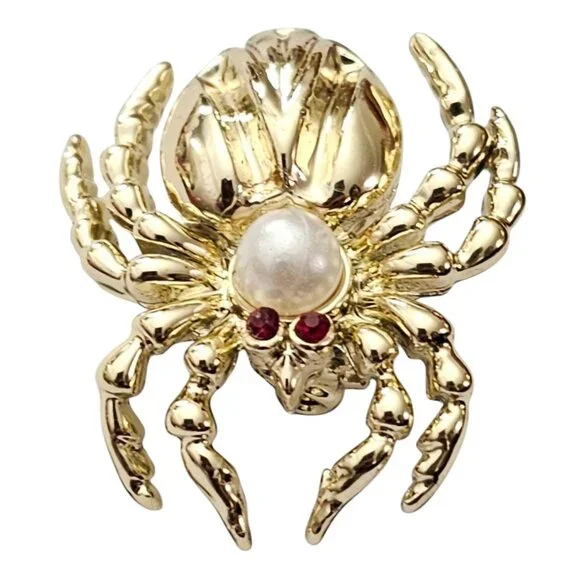 Gold Tone Vintage Faux  Pearl Spider Brooch, Red Rhinestone Pin L876 - Picture 2 of 8